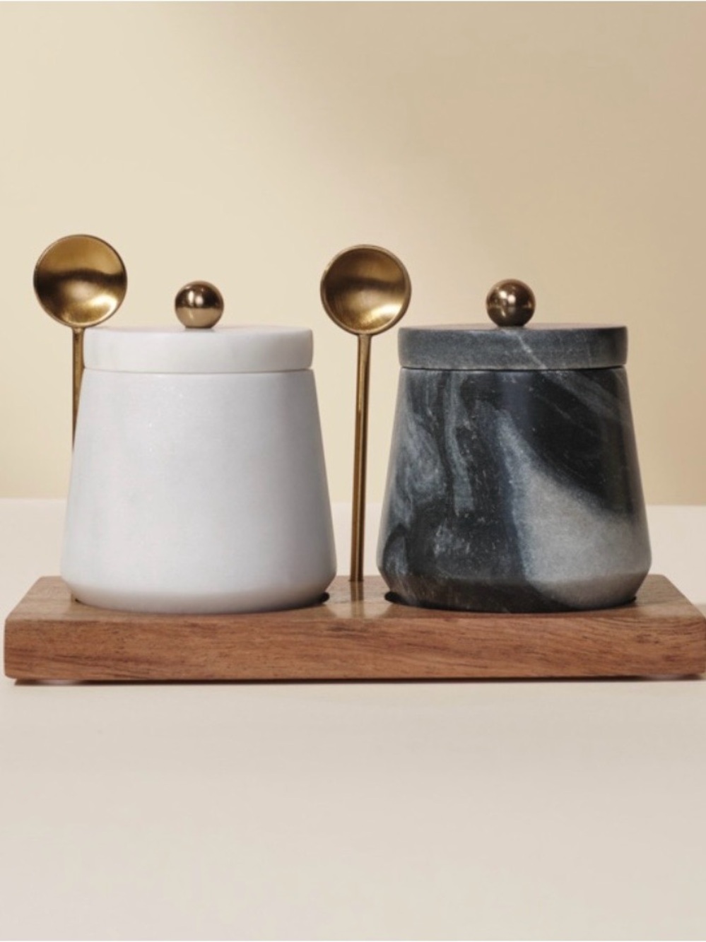 Marble Salt & Spice Jar Duo with Gold Spoons - White and Black